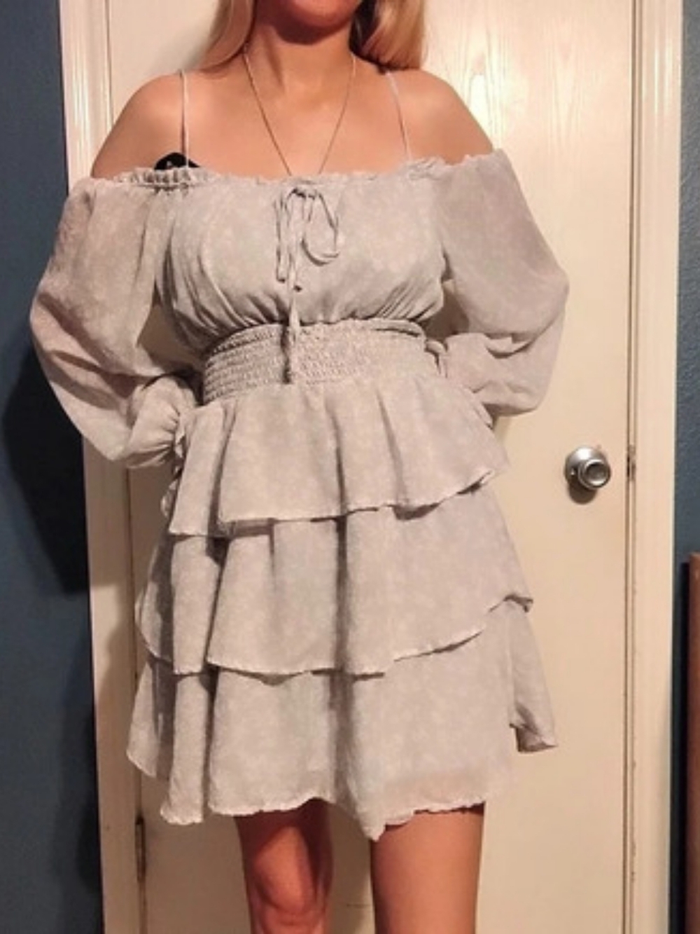 Off-Shoulder Tiered Mini Dress in Gray